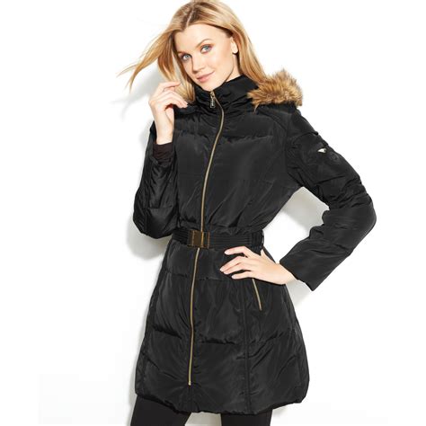 michael kors hooded faux fur trim quilted belted puffer 